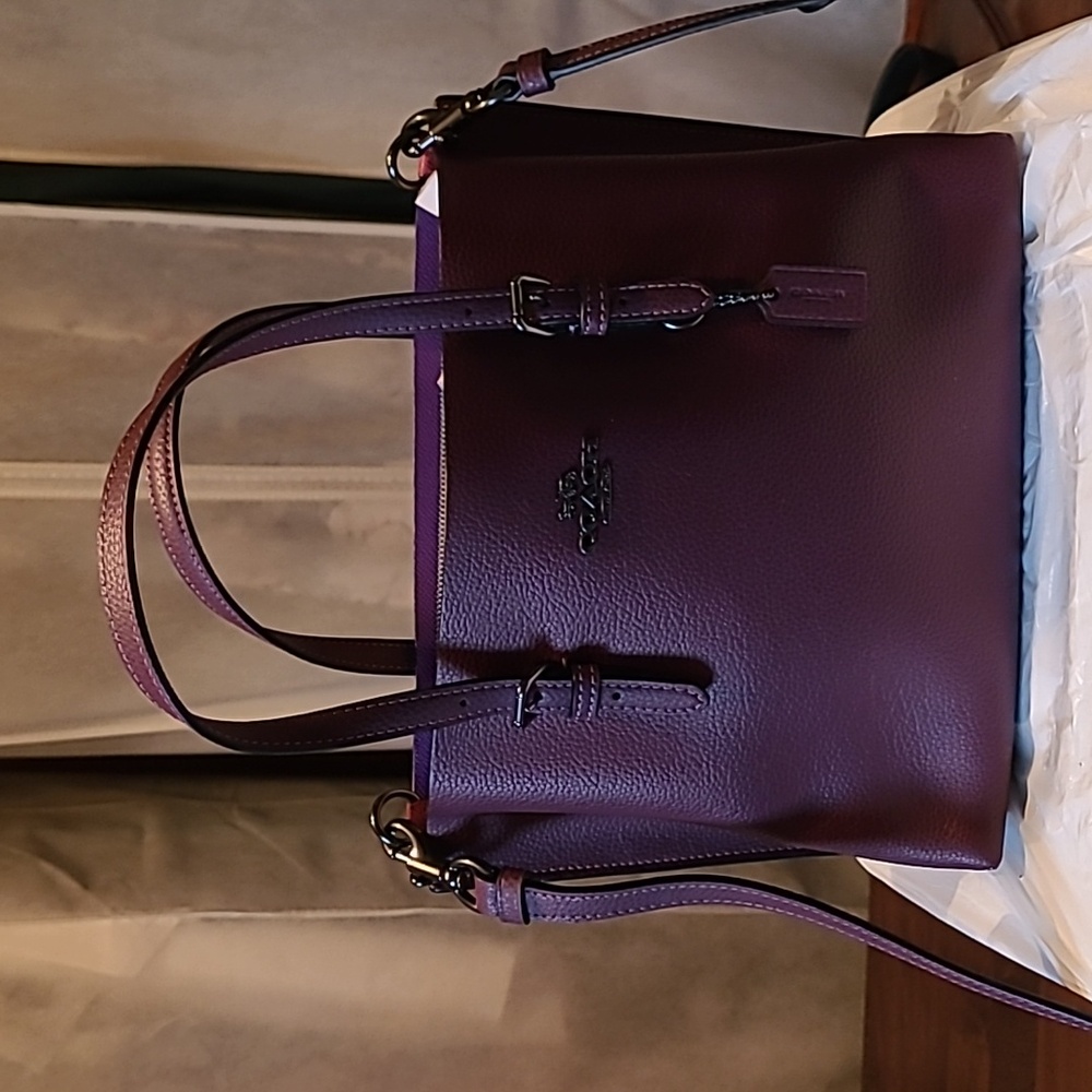 NWOT Coach Plum Satchel with crossbody strap. Measures 10 in × 8 in × 4 in.